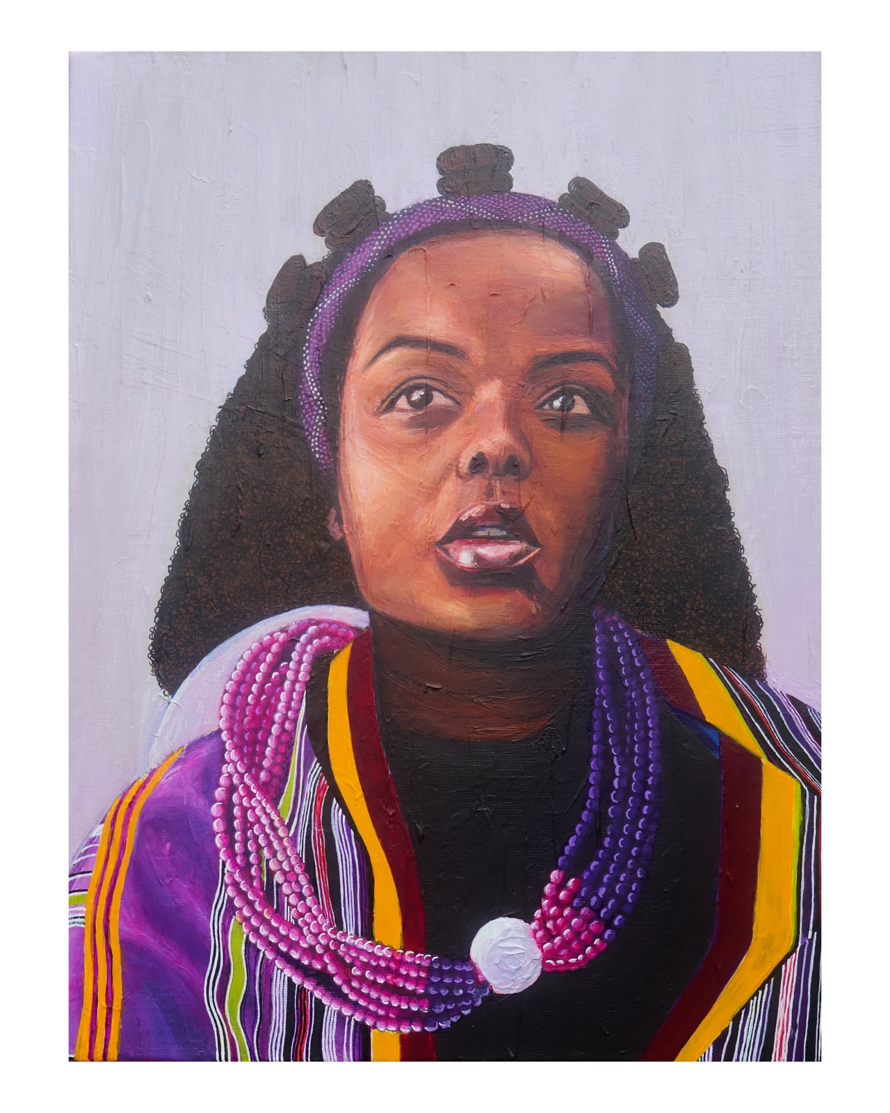 Lady in Purple — portrait of a woman in Bantu knots and a purple beaded headband, robed in striped cloth with ropes of magenta and violet beads, gazing upward